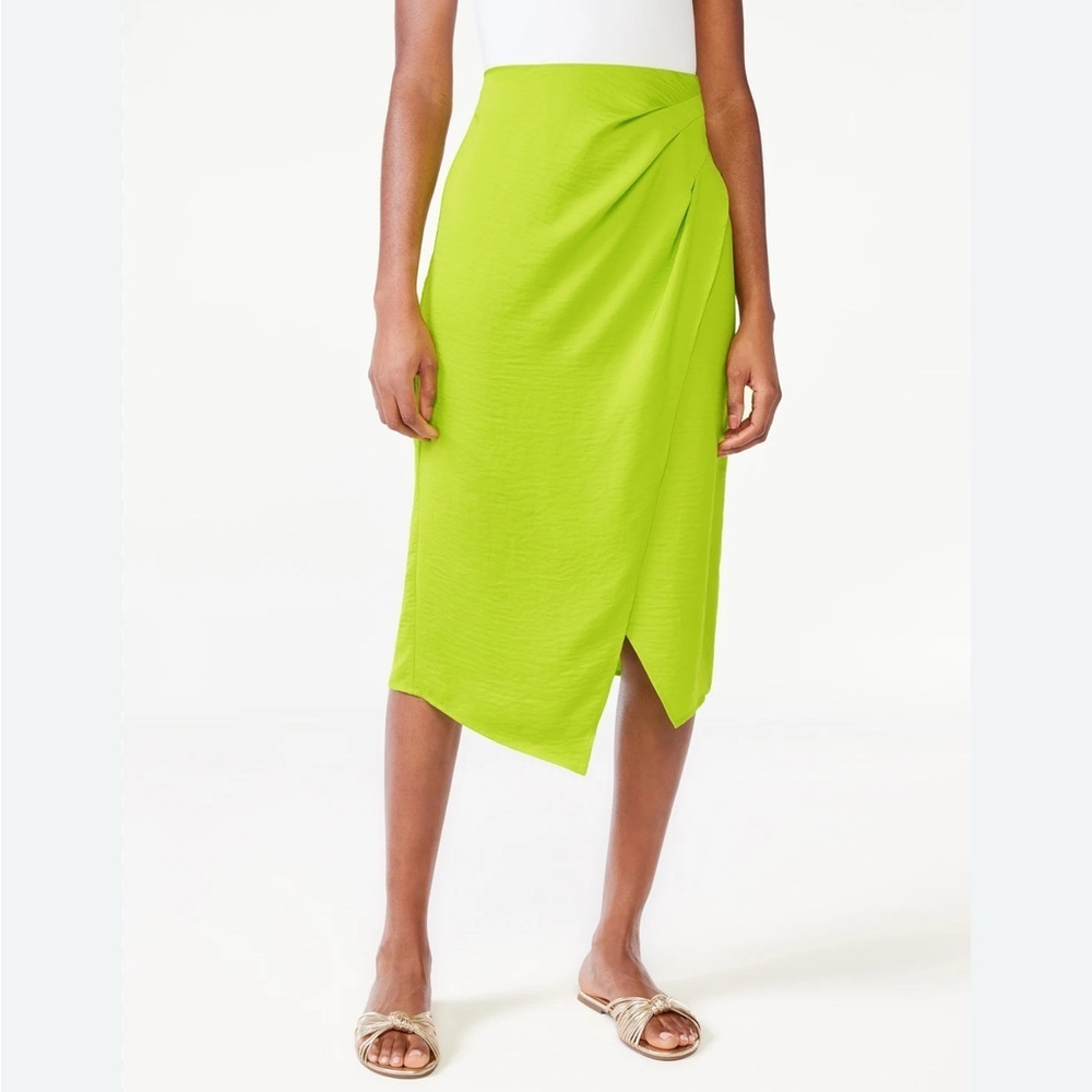 Scoop Acid Lime Satin Faux Wrap Midi Skirt XXL Neon Green Slit Sold Out Online - Picture 3 of 7